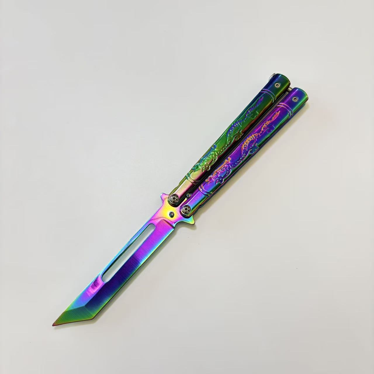 Dragon Pattern Engranved Golden Butterfly Knife sharpened Balisong