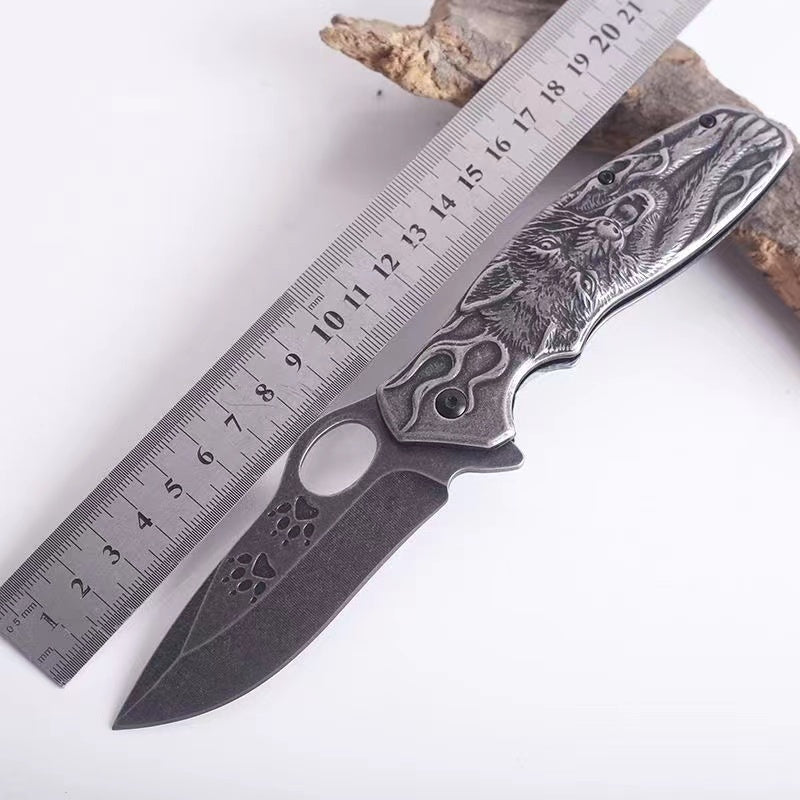 3D Wolf Camping Knife Wash Stone Heavy Folding