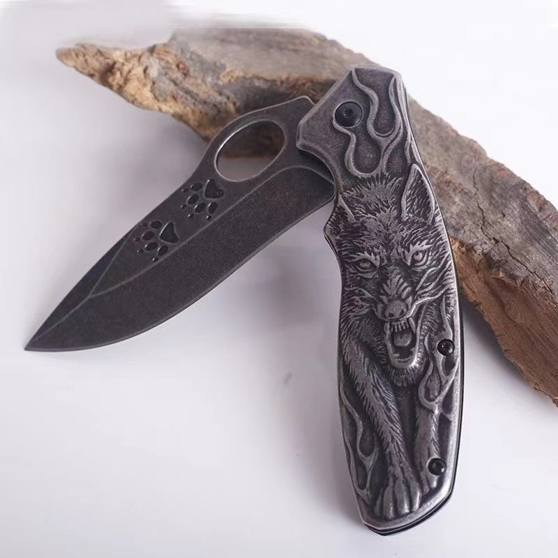 3D Wolf Camping Knife Wash Stone Heavy Folding