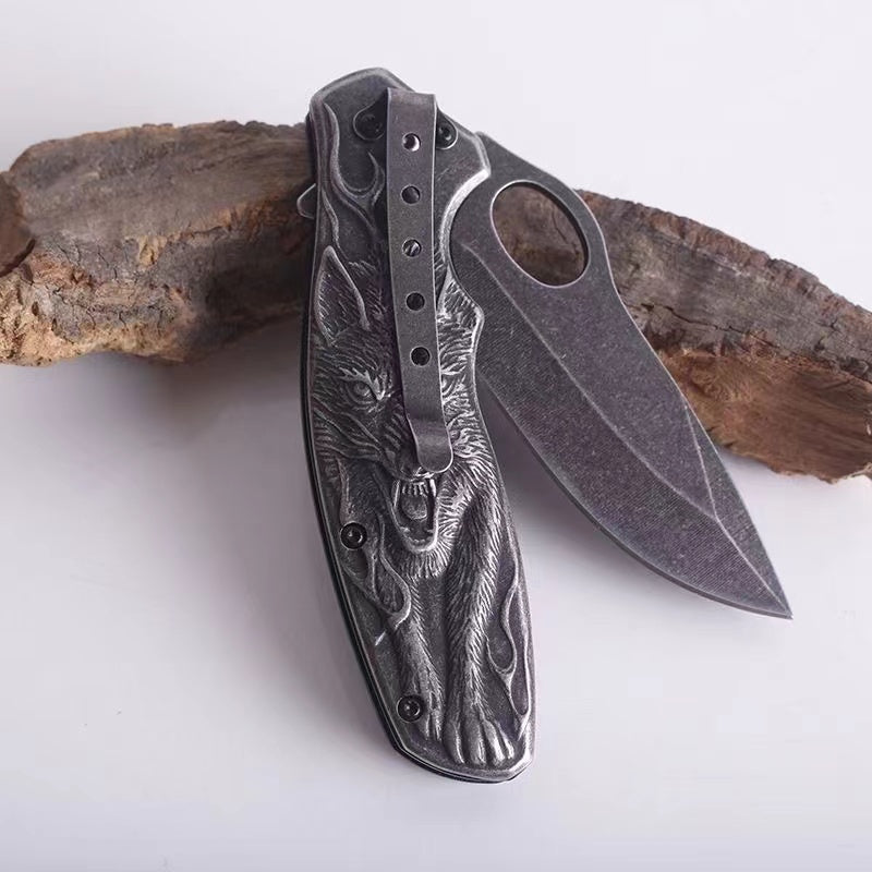 3D Wolf Camping Knife Wash Stone Heavy Folding
