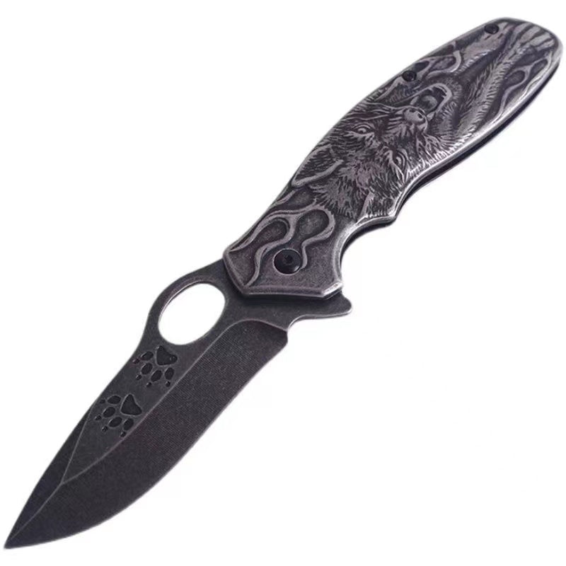 3D Wolf Camping Knife Wash Stone Heavy Folding