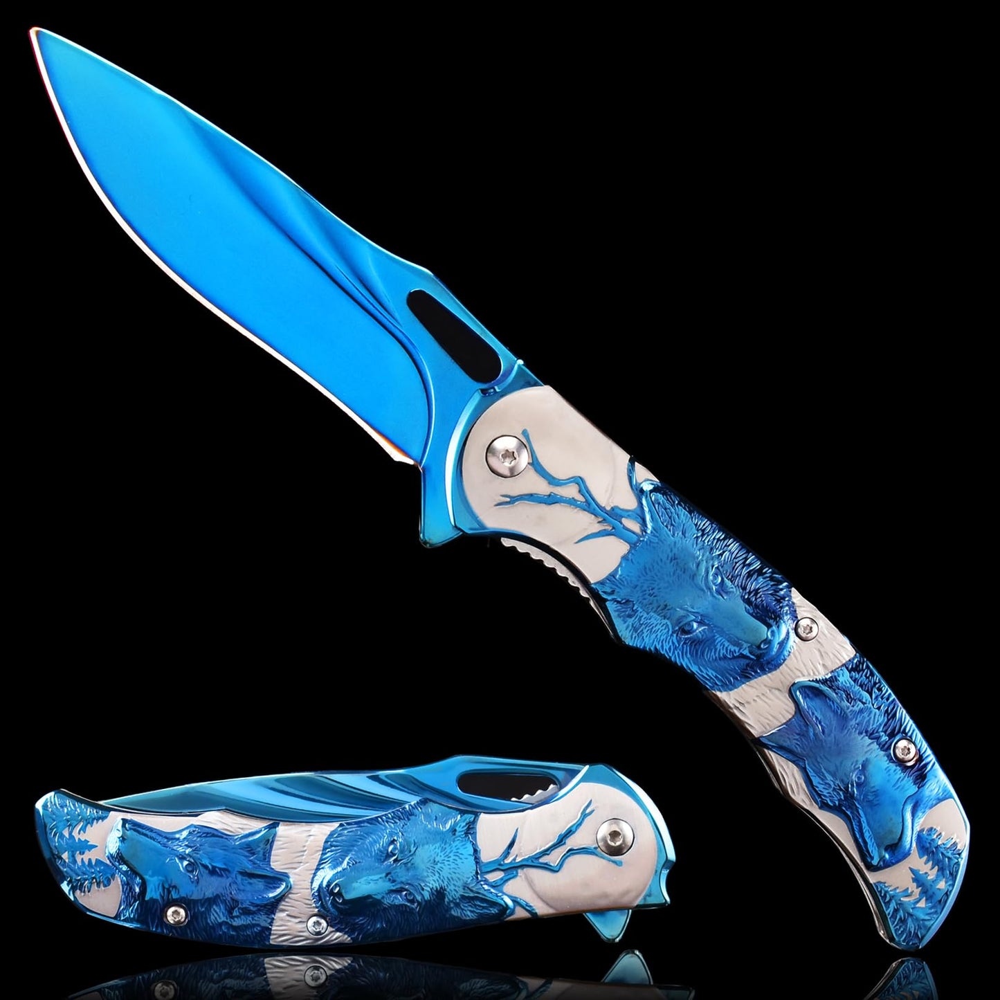 One 3D WOLF Folding Knife+One Wolf Howling Key Chain