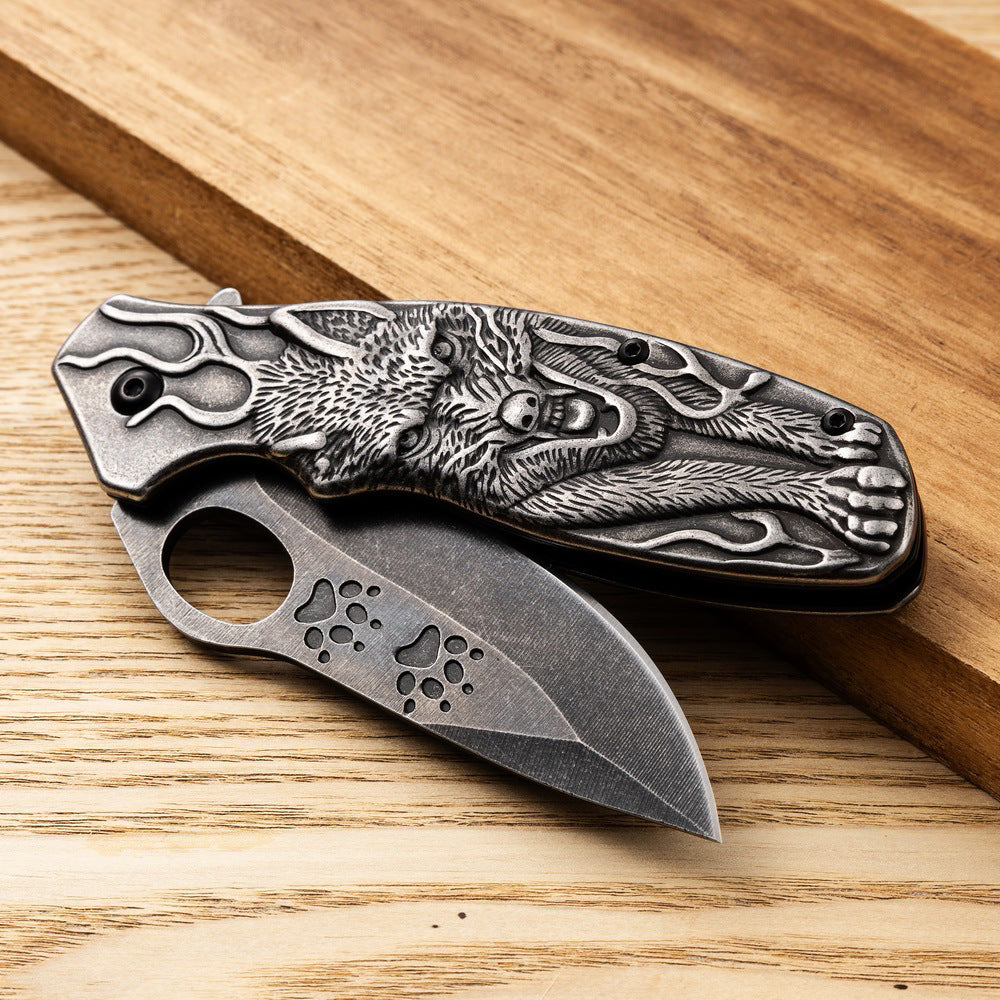 3D Wolf Camping Knife Wash Stone Heavy Folding
