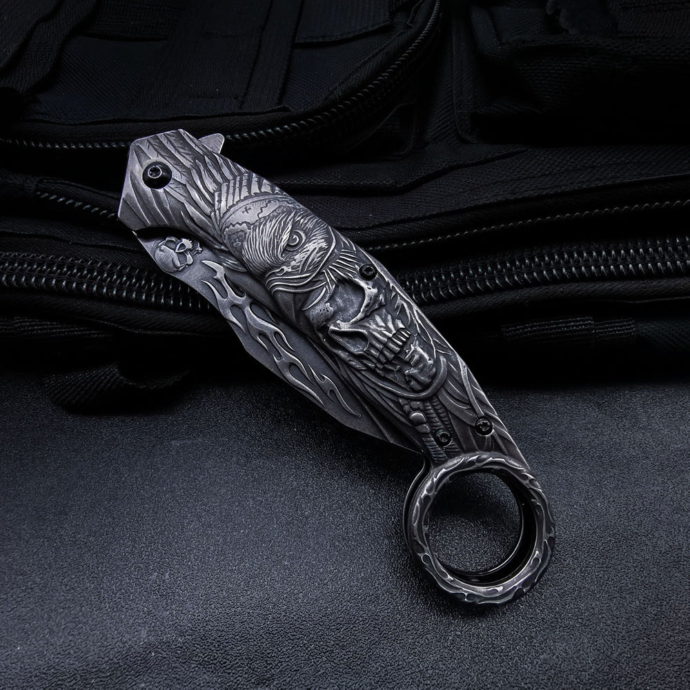 3D Eagle Skull Ring Folding Karambit Knife
