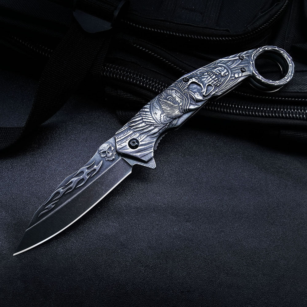 3D Eagle Skull Ring Folding Karambit Knife