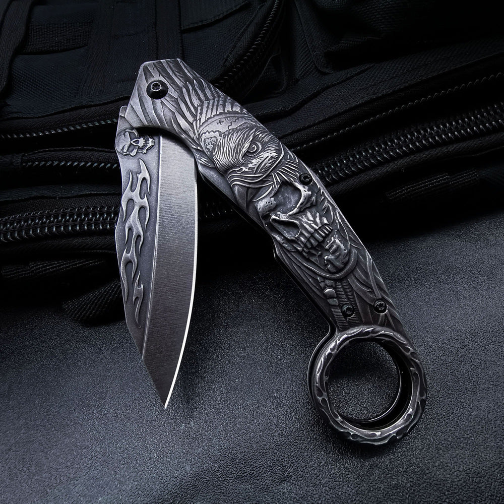 3D Eagle Skull Ring Folding Karambit Knife