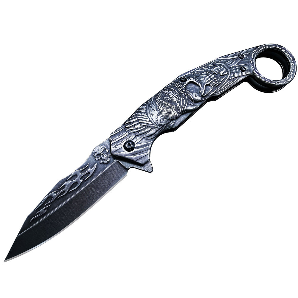 3D Eagle Skull Ring Folding Karambit Knife