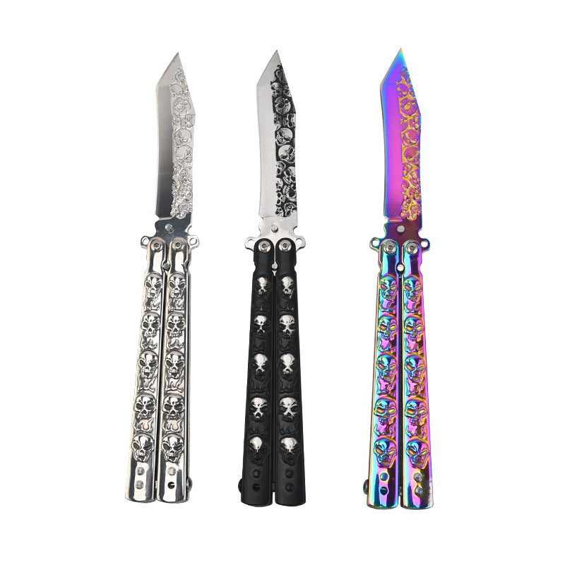 3D Skull Butterfly Knife Sharp Balisong Blade with Skull