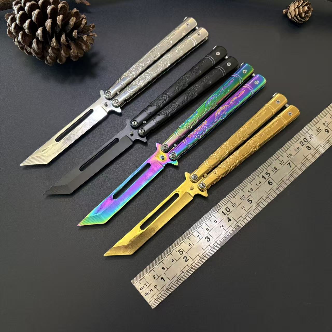 Dragon Pattern Engranved Golden Butterfly Knife sharpened Balisong