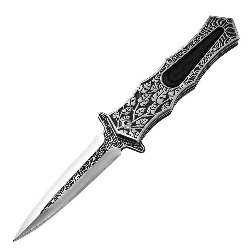 High Hardness Leaf Carving Wood Inlay Tactical Folding EDC Knife