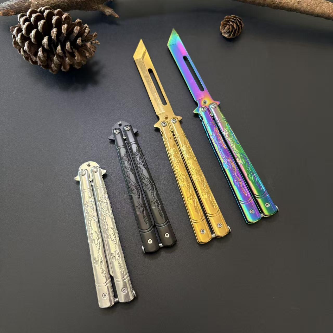 Dragon Pattern Engranved Golden Butterfly Knife sharpened Balisong
