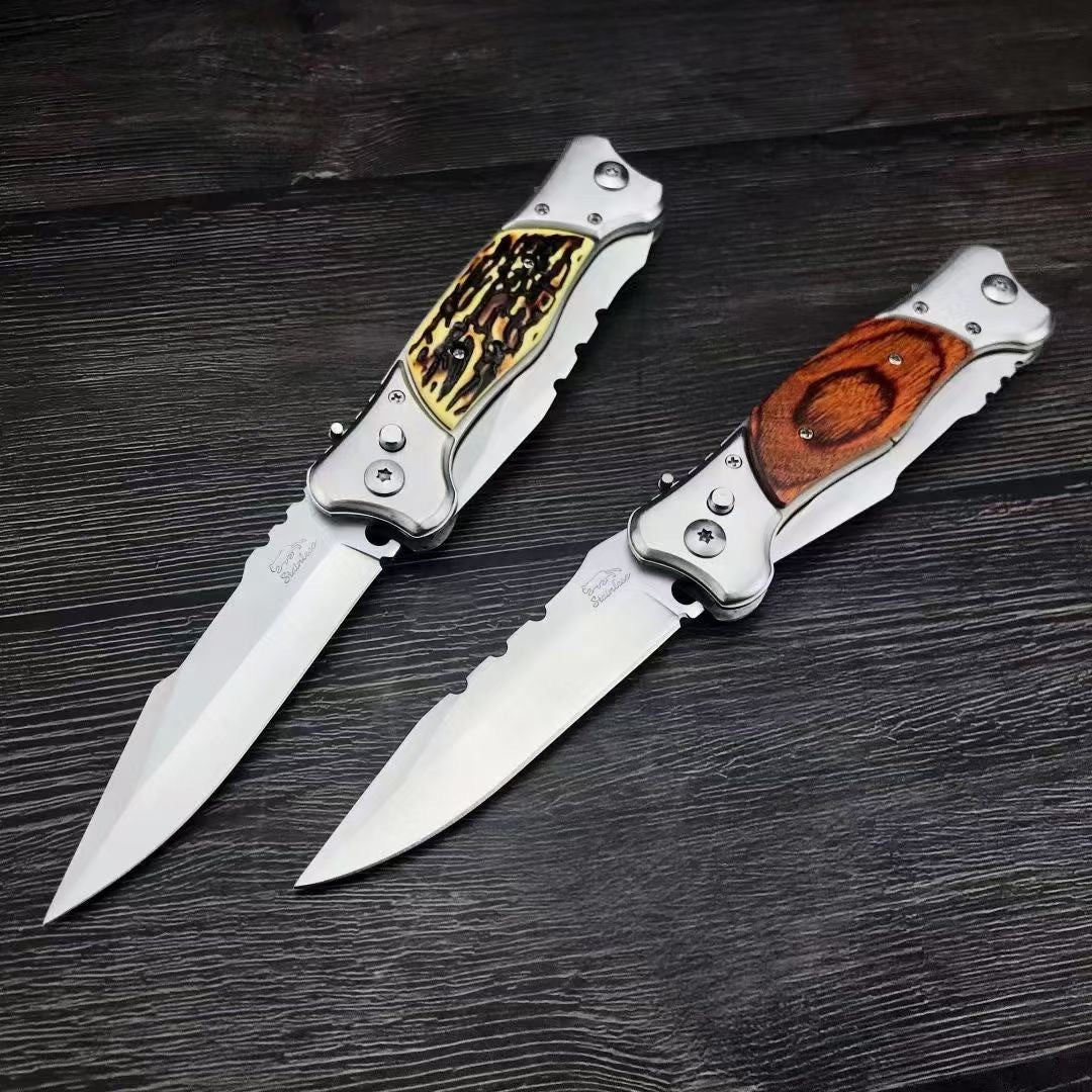 Twin Double Blade OTF Knife Wood Handle Camping Knife