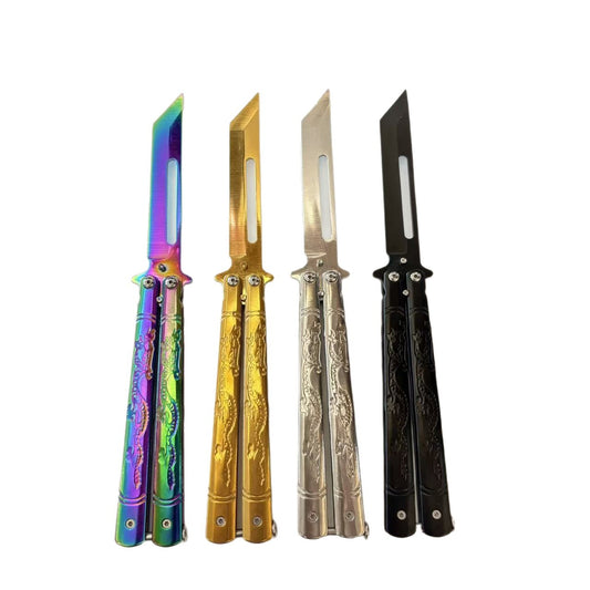 Dragon Pattern Engranved Golden Butterfly Knife sharpened Balisong