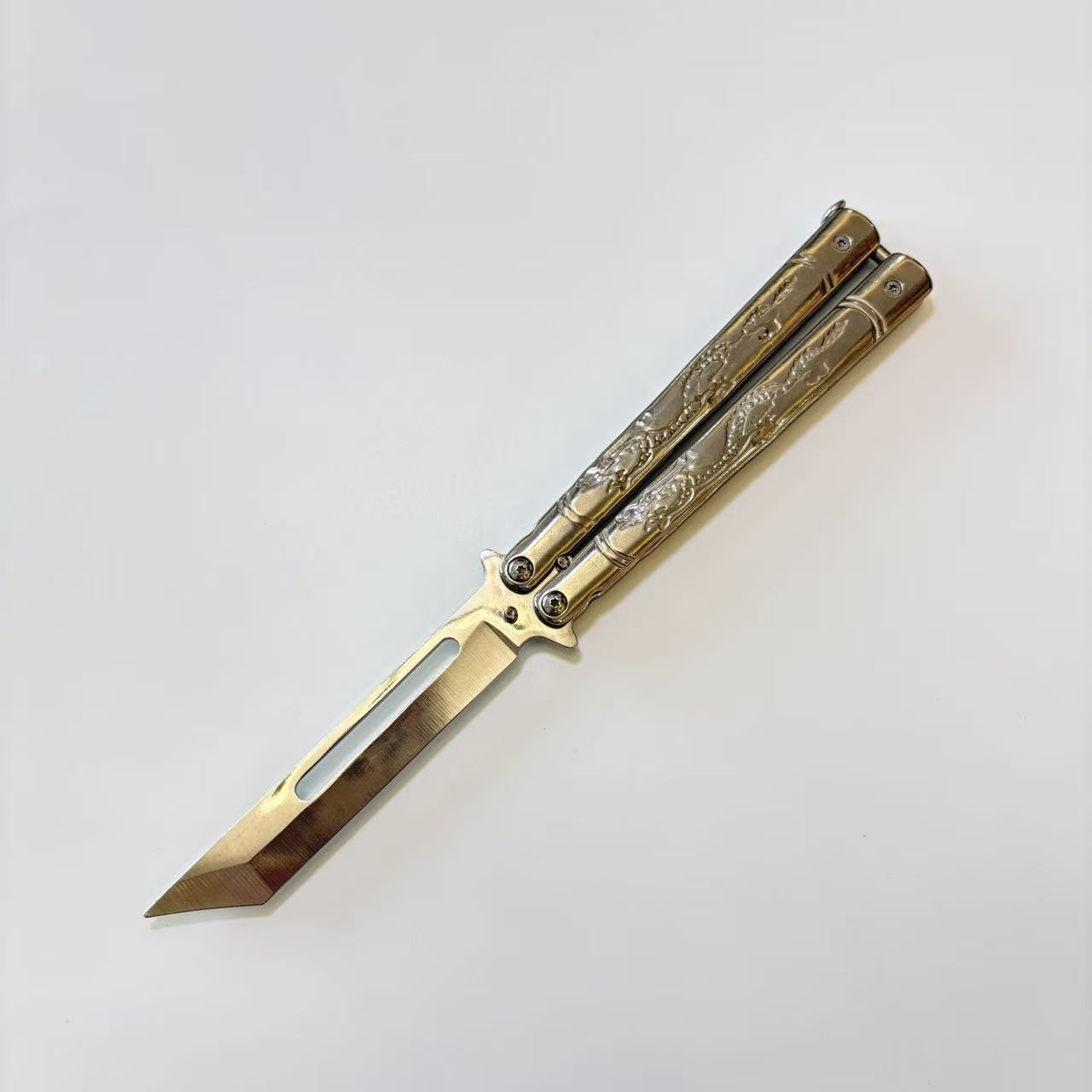 Dragon Pattern Engranved Golden Butterfly Knife sharpened Balisong