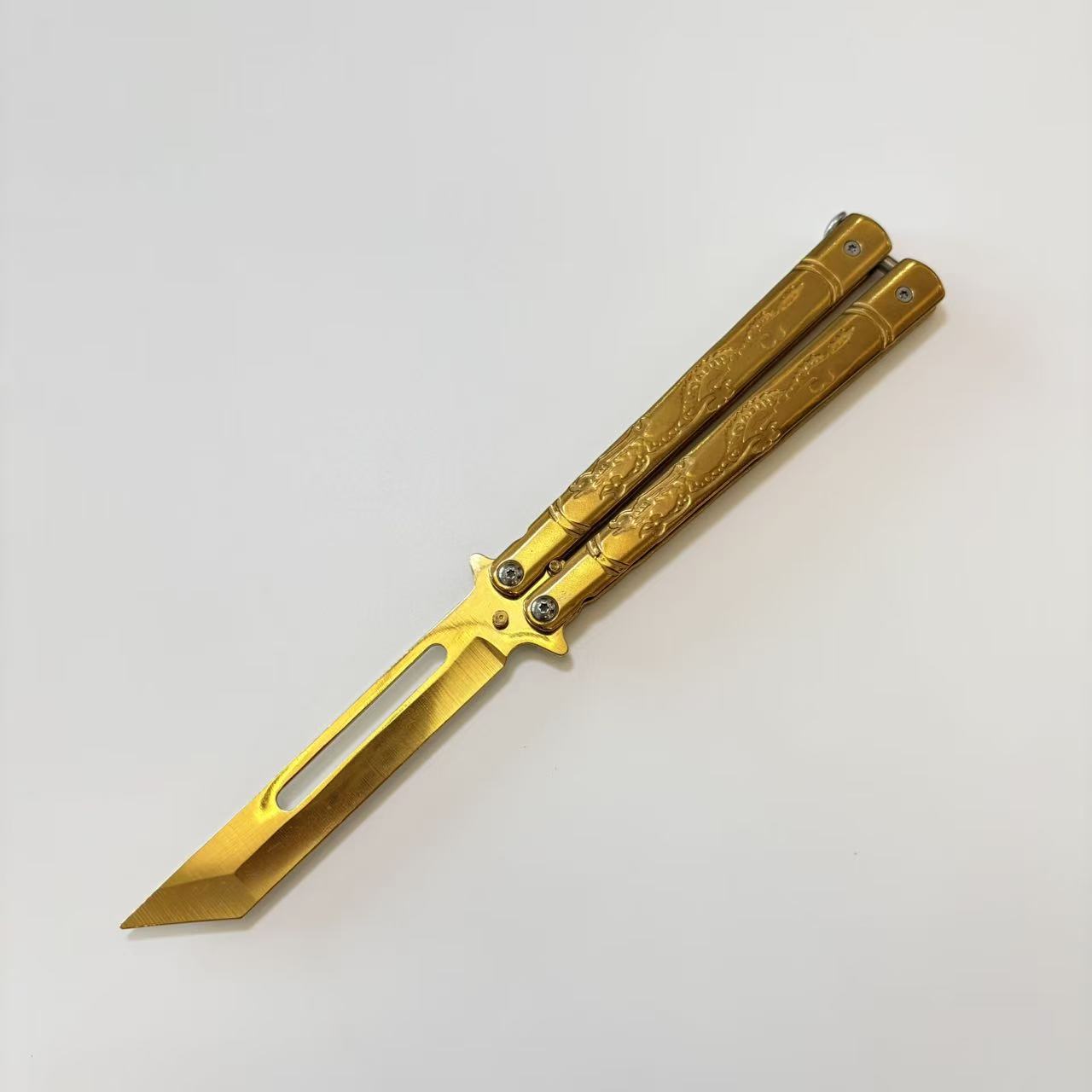 Dragon Pattern Engranved Golden Butterfly Knife sharpened Balisong