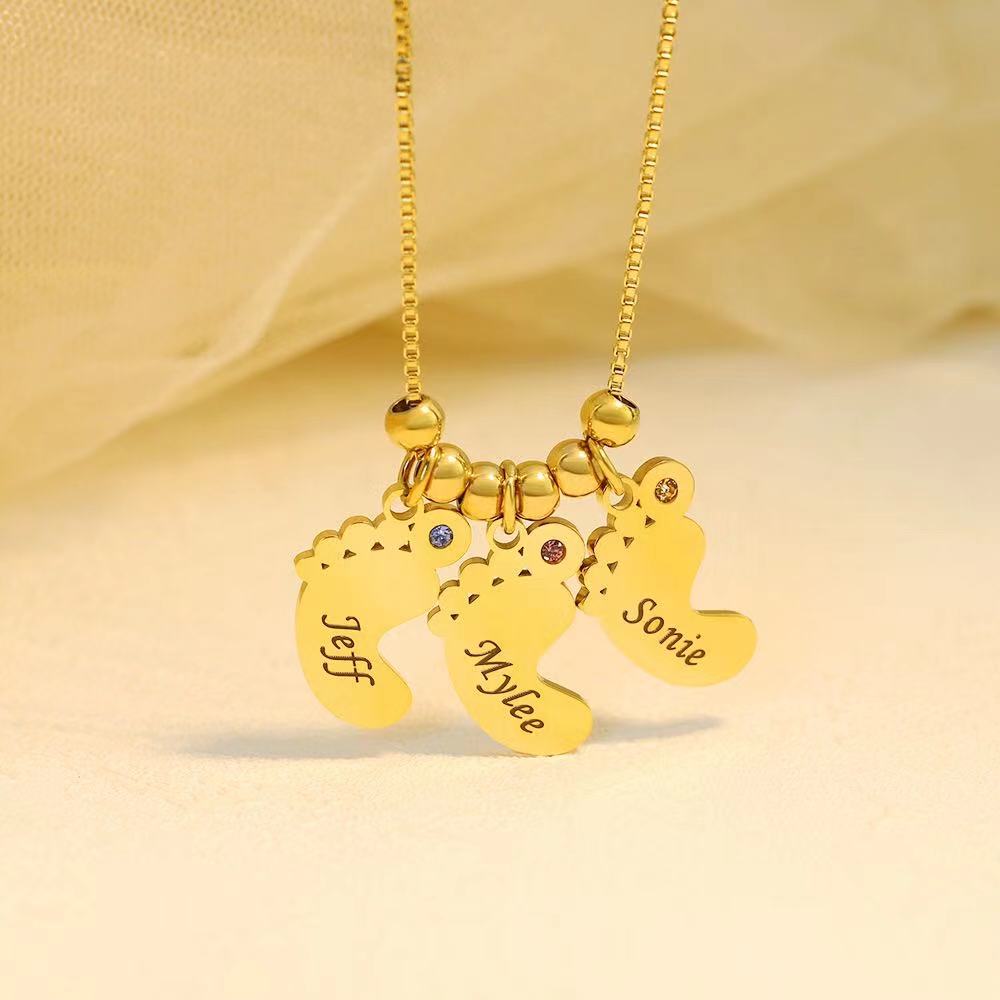 Custom Baby Feet Necklace Engrave Names For Mom Mother's Day Gift