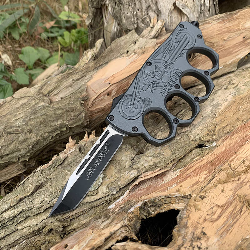 Skull Biker USA Brass Knuckles OTF Knife