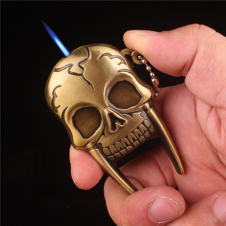 Creative Metal Windproof Jet Flame Lighter with Personality Skull Keychain Pendant and Inflatable Function.