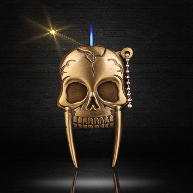 Creative Metal Windproof Jet Flame Lighter with Personality Skull Keychain Pendant and Inflatable Function.