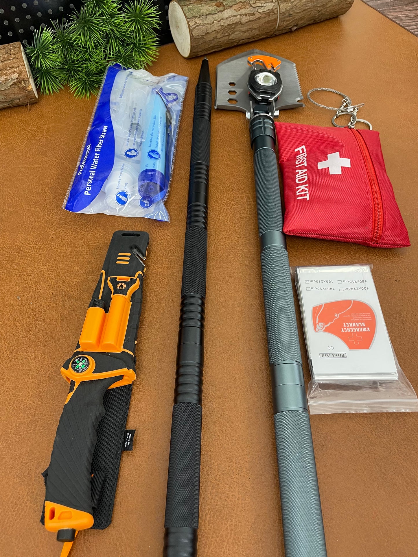 7PC Camping Kit Multi Hiking Stick+BG Survival Knife+Multi Shovel+AID kit+Life Straw+Multi Flash Light+Emergency Blanket