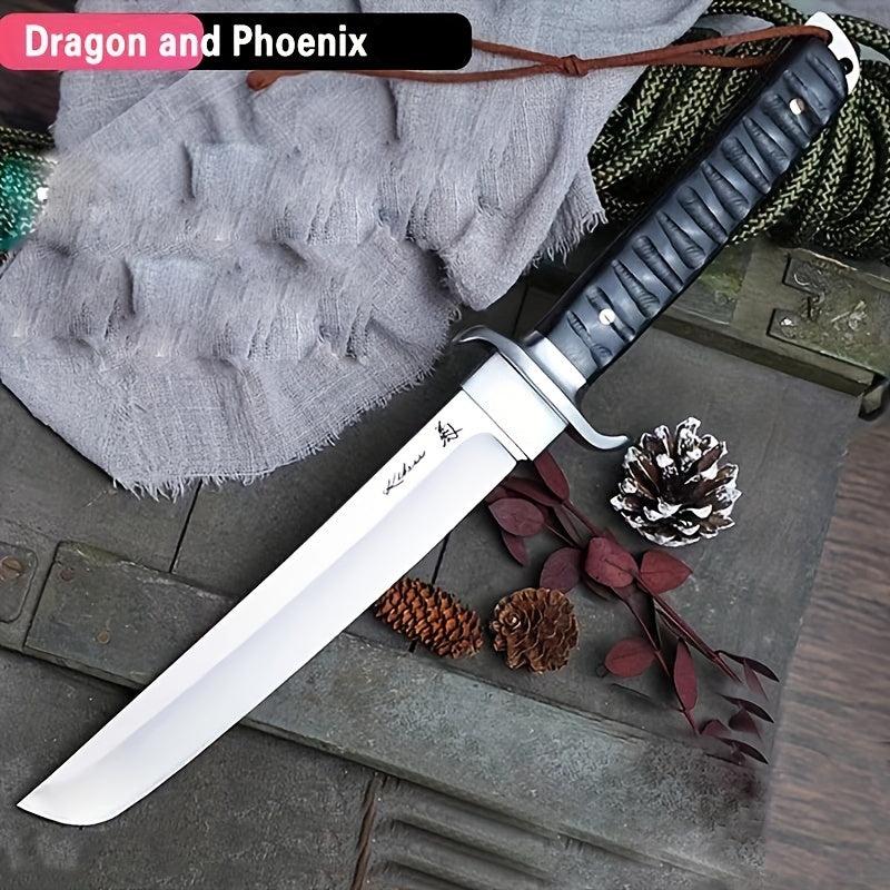 Ebony Handle Tanto Wooden Sheath Engraved Dragon Phoenix Wilderness Survival Hunting Knife