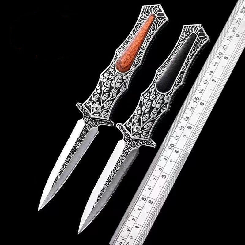 High Hardness Leaf Carving Wood Inlay Tactical Folding EDC Knife