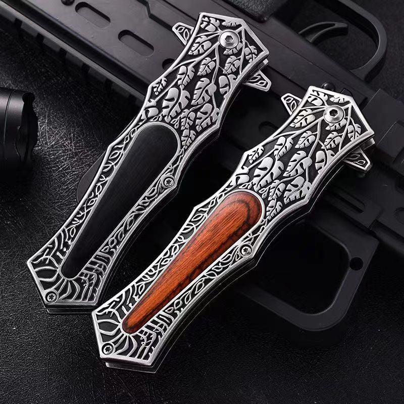 High Hardness Leaf Carving Wood Inlay Tactical Folding EDC Knife