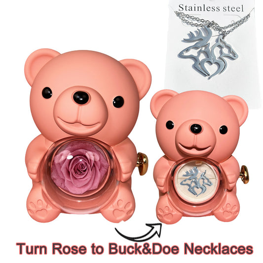 Buck&Doe Couple Necklace in Bear Shaped Gift Box,Rotate Rose Flowers into Matching Heart Necklaces,Nature Animal Lovers Accessory, Stainless Steel Unisex Jewelry