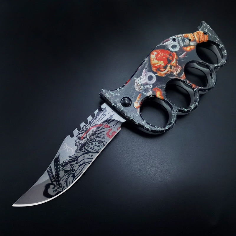 New Skull Printed Knuckle Folding Knife