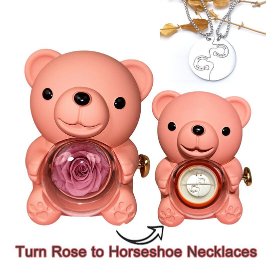 Rotate Rose Bear Gift Box and Matching Horseshoe Necklaces Perfect gift for Horse Lovers Couple Best Friend Gift