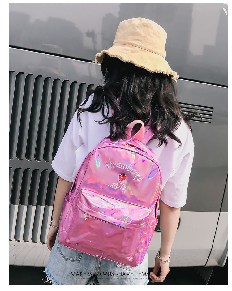 Strawberry Milk Embroidery PU School Bag