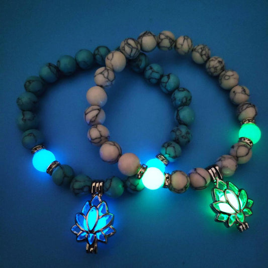 8mm Natural Stone Beads Luminous Lotus Pendant Bracelet