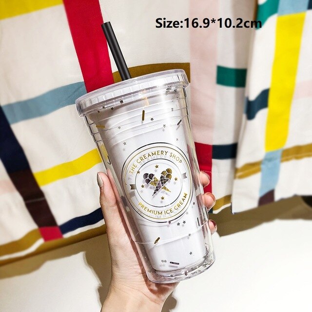 Double Layer Plastic Straw Cup Portable Milk Coffee Mug Girl Summer Beverage Water Bottle Cold Drink Juice Cup Kitchen Drinkware