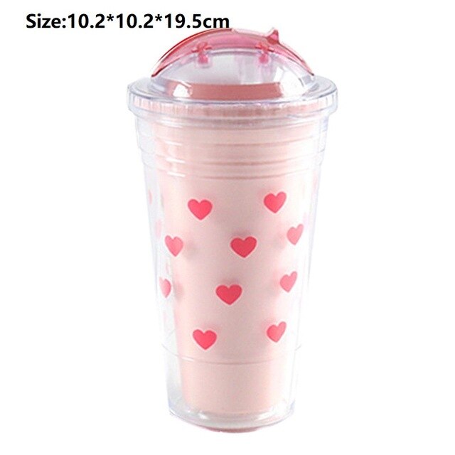 Double Layer Plastic Straw Cup Portable Milk Coffee Mug Girl Summer Beverage Water Bottle Cold Drink Juice Cup Kitchen Drinkware