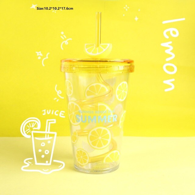 Double Layer Plastic Straw Cup Portable Milk Coffee Mug Girl Summer Beverage Water Bottle Cold Drink Juice Cup Kitchen Drinkware