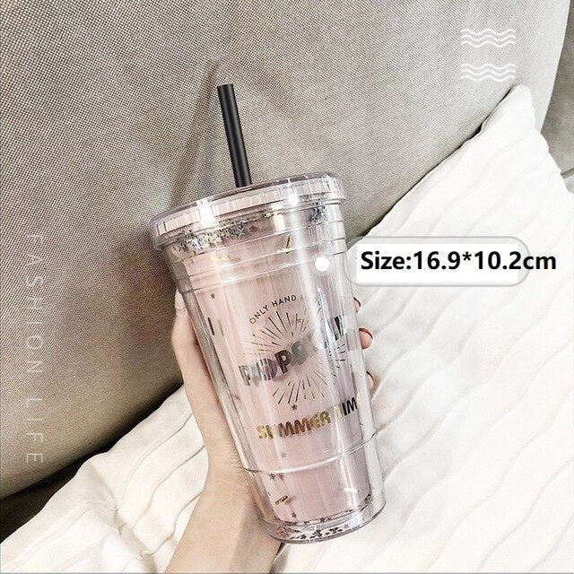 Double Layer Plastic Straw Cup Portable Milk Coffee Mug Girl Summer Beverage Water Bottle Cold Drink Juice Cup Kitchen Drinkware