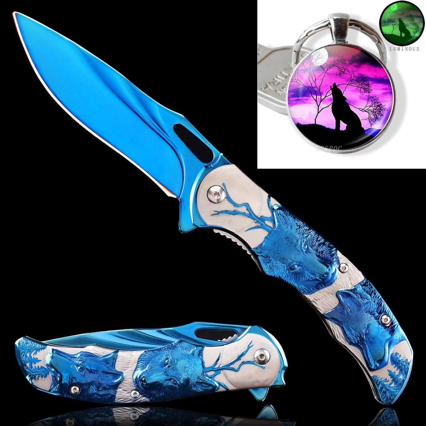 One 3D WOLF Folding Knife+One Wolf Howling Key Chain